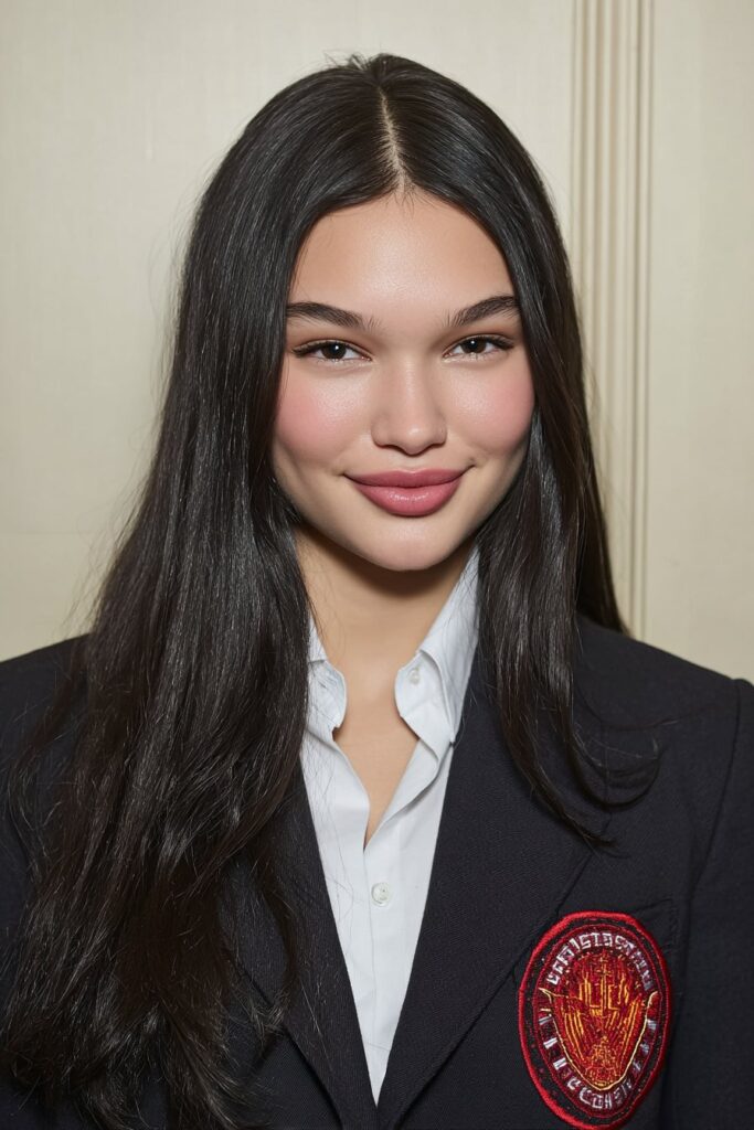 School girl with curly hair in a bangin’ updo, a fun and tidy hairstyle perfect for school days.