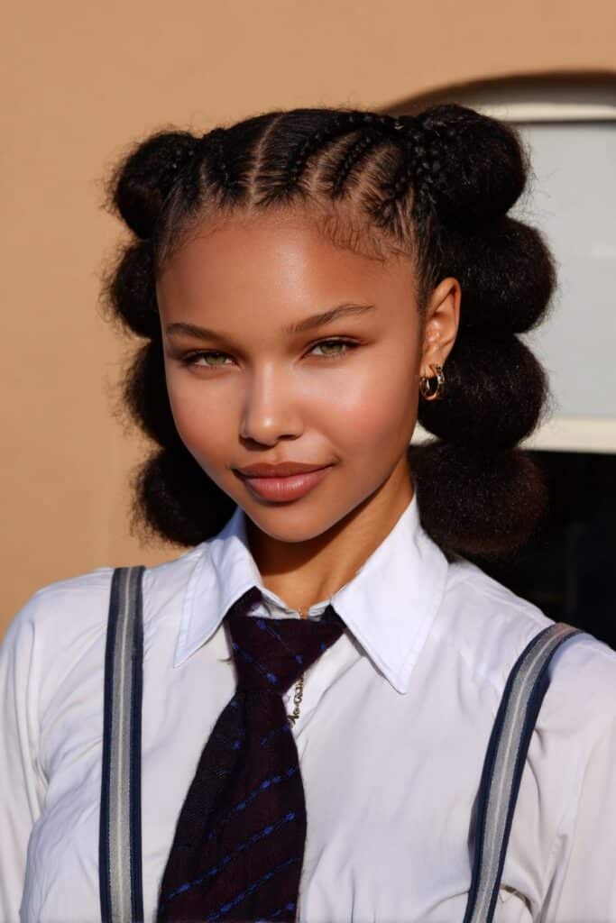 School girl with bubble braids tied neatly with elastics, giving a cute and creative school-ready look.