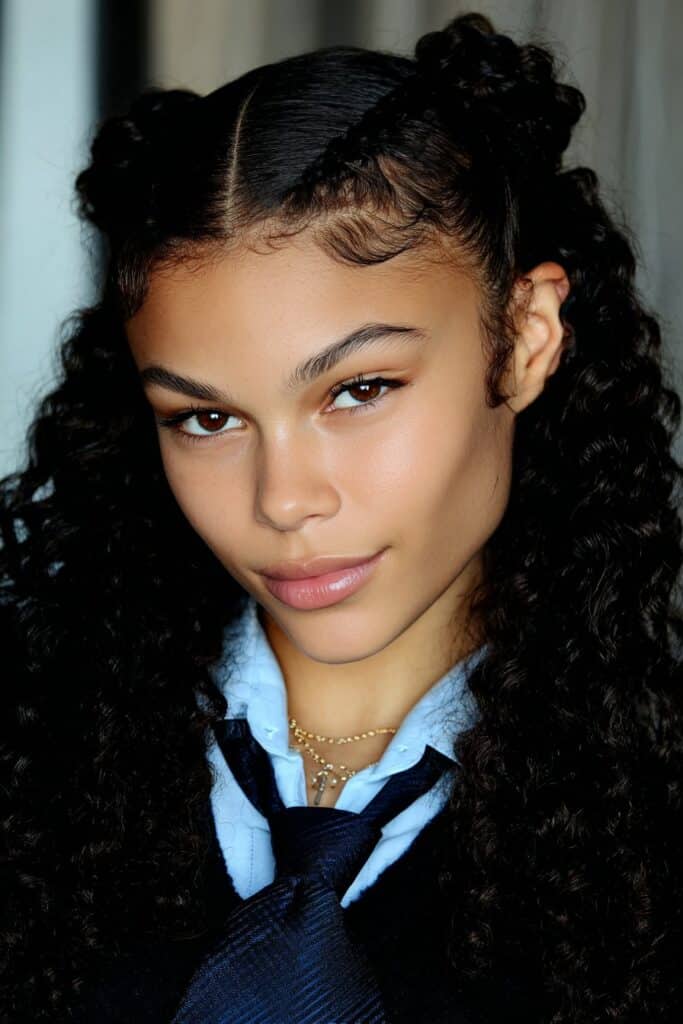 Smiling school girl wearing playful curly space buns, showing off her fun and creative personality.
