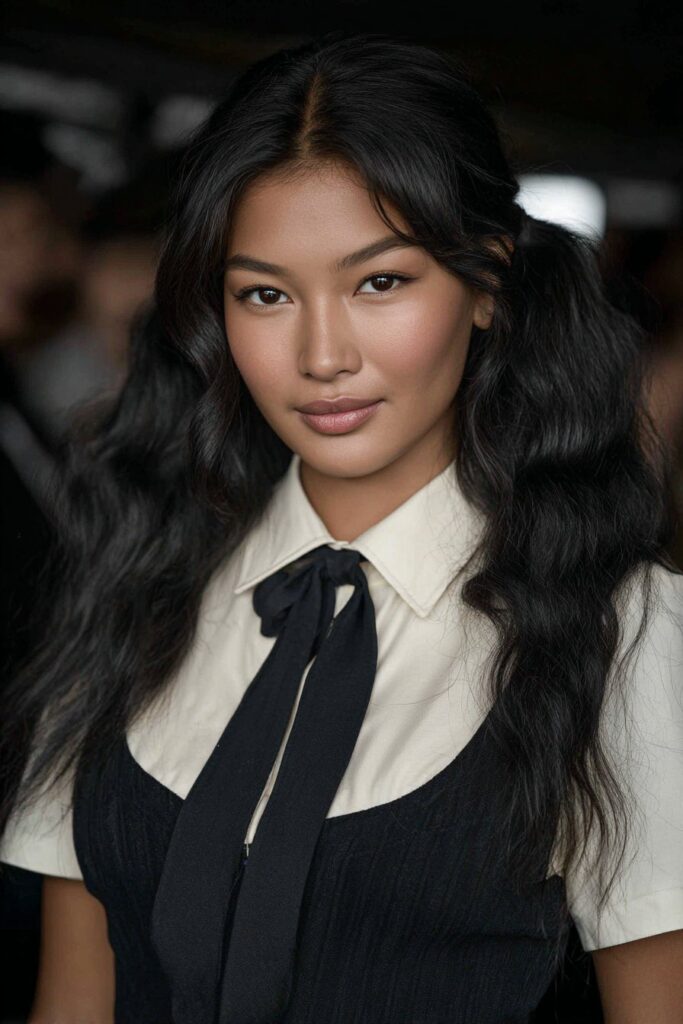 Curly-haired school girl wearing a half-up half-down classic style, combining comfort and style for school.