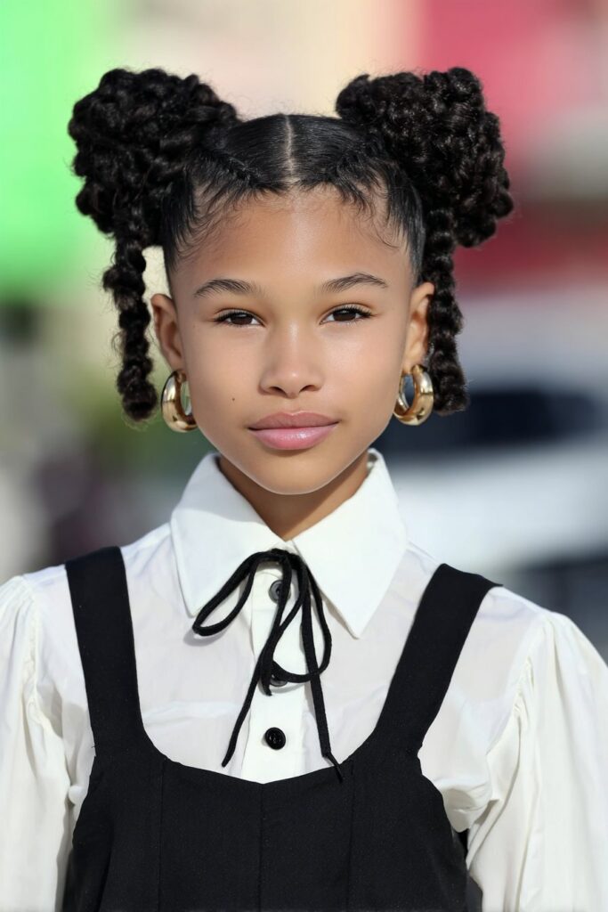 School girl with curls wrapped in a colorful head wrap crown, a protective and trendy school look.