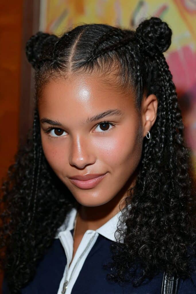 School girl with natural curls styled into protective mini twists, looking stylish and confident in class.