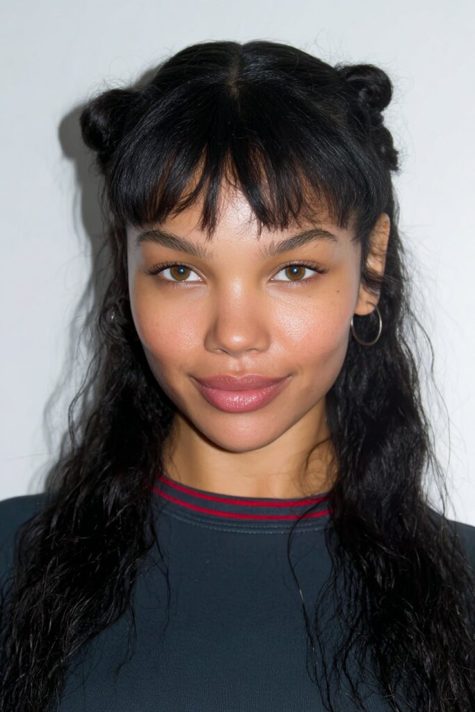 School girl with side bantu knots, adding a bold and fun twist to her everyday school hairstyle.