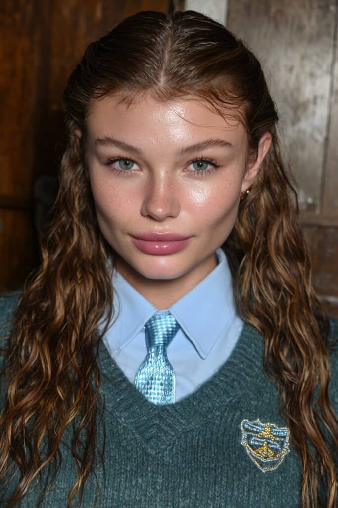 School girl with glossy wet look waves, a sleek and easy hairstyle for a polished school appearance.