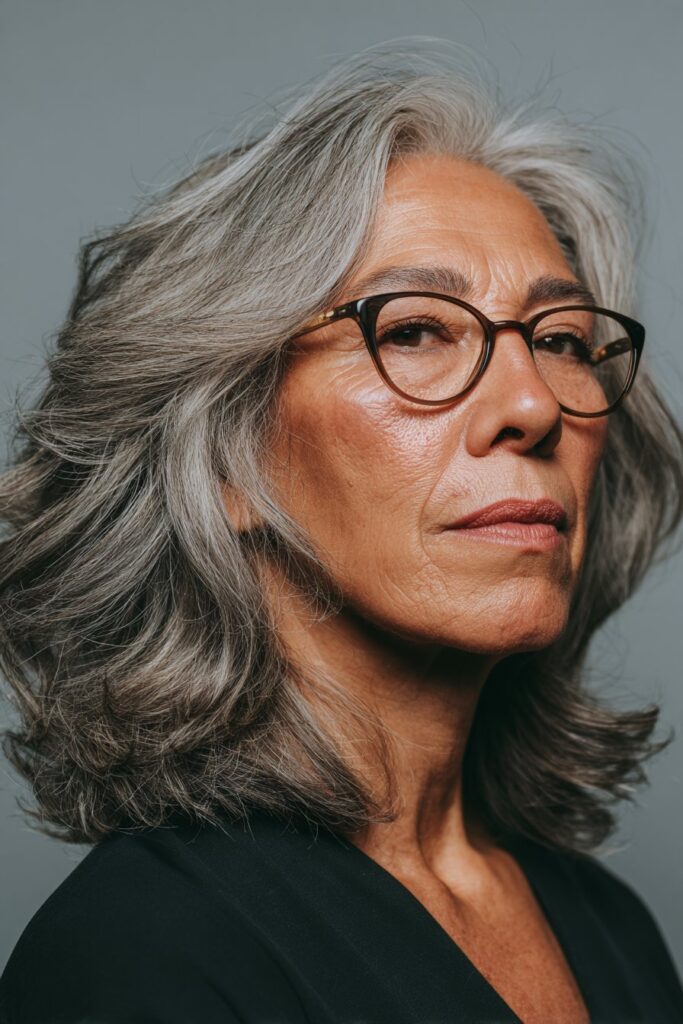 Natural 50-year-old woman with a tousled medium-length hairstyle.