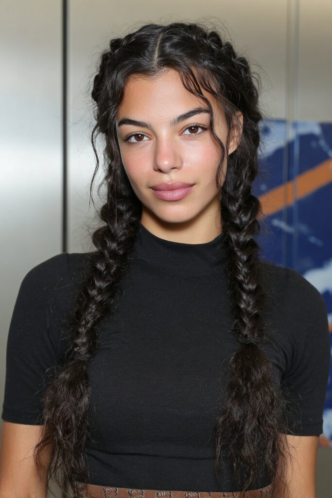 A soft twisted crown braid encircling the head, giving a sweet and tidy school look.