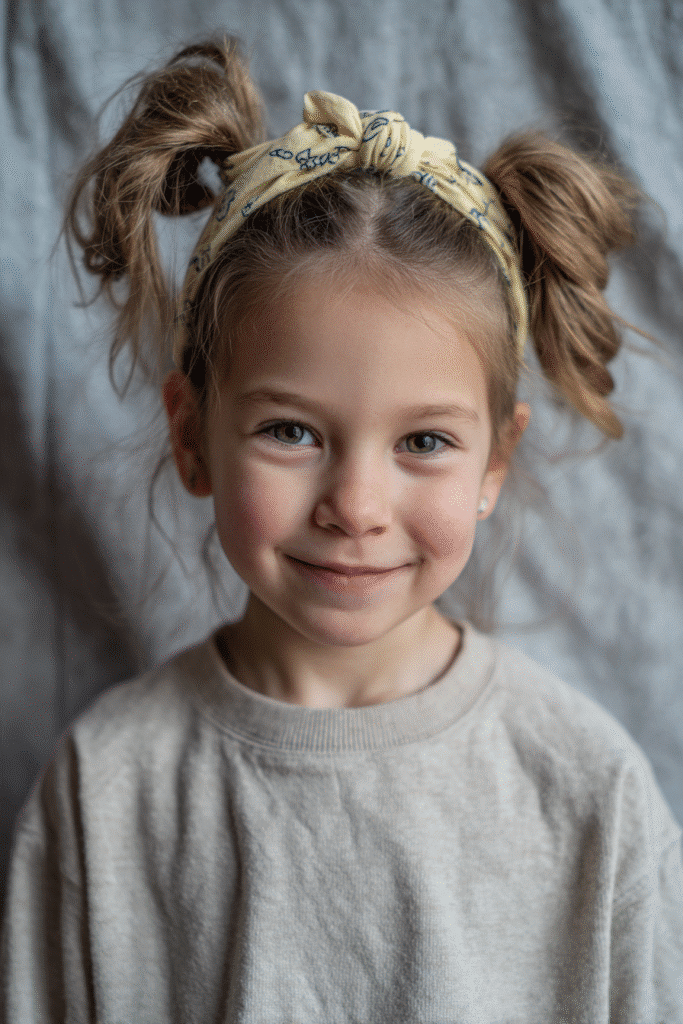 Two playful ponytails paired with a headband that adds a neat, decorative touch.