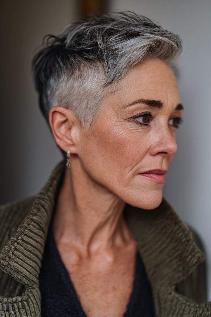 Undercut pixie cut with longer top layers adding texture and lift to thin hair.”