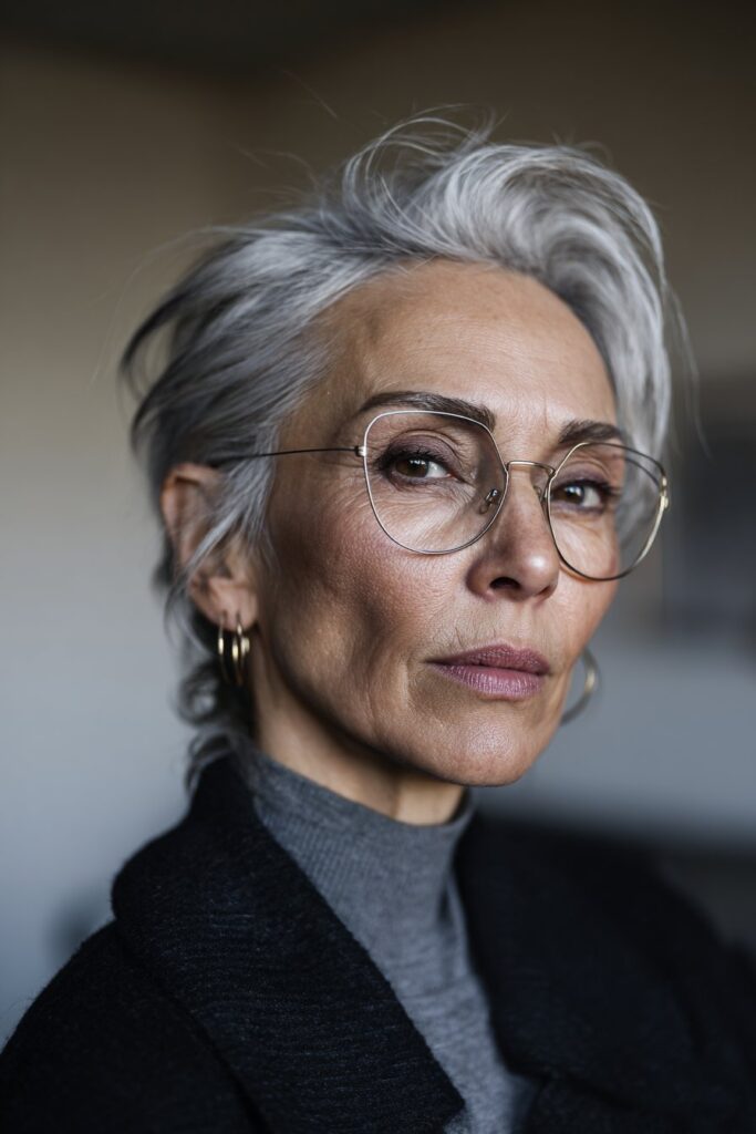 Trendy 50-year-old woman showing a voluminous pixie with side part.