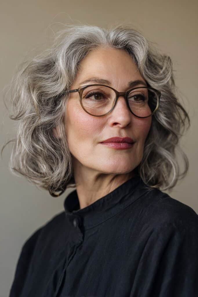 Radiant 50-year-old woman featuring a wavy bob with a center part.