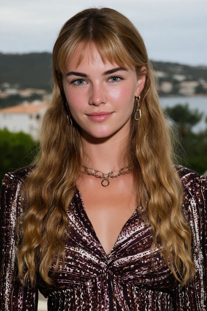 Girl with wavy lob hairstyle and light wispy bangs