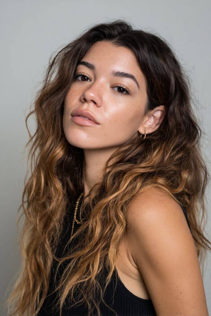 Wavy shag hairstyle that enhances natural waves with soft, airy layers.