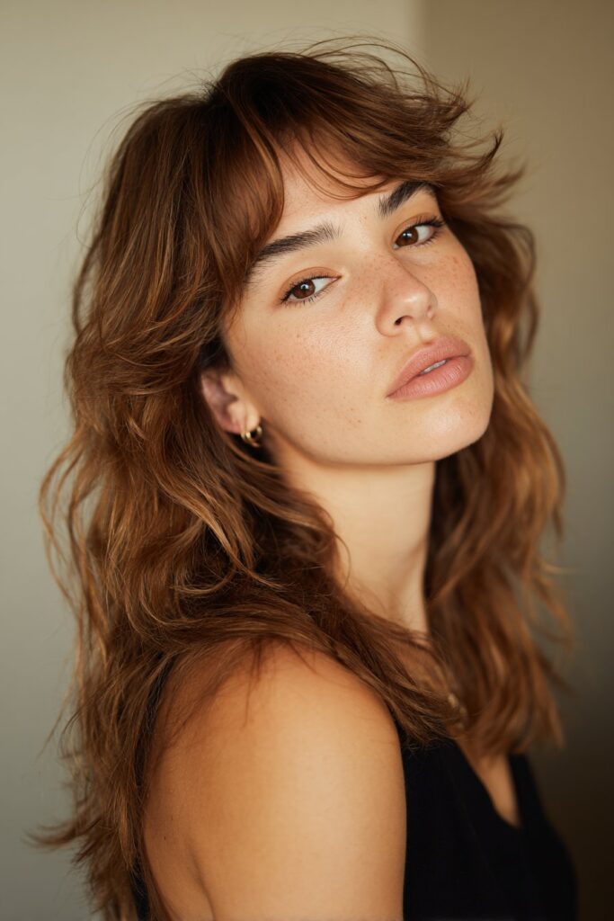 Wispy shag hairstyle with side bangs that slim and elongate round face shapes.