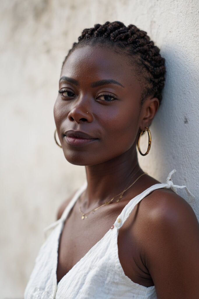 Chin-length box braids with clean parting and a structured shape.