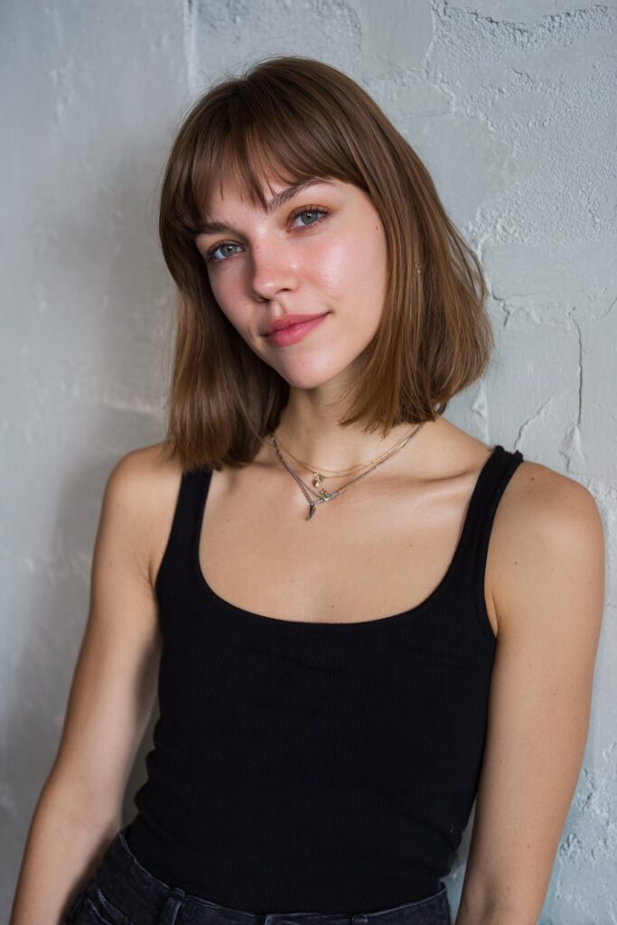 Light, airy butterfly layers paired with short curtain bangs that softly open around the face.