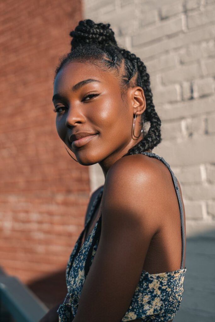 The front uses feed-ins while the back is completed with knotless braids for a flexible finish.