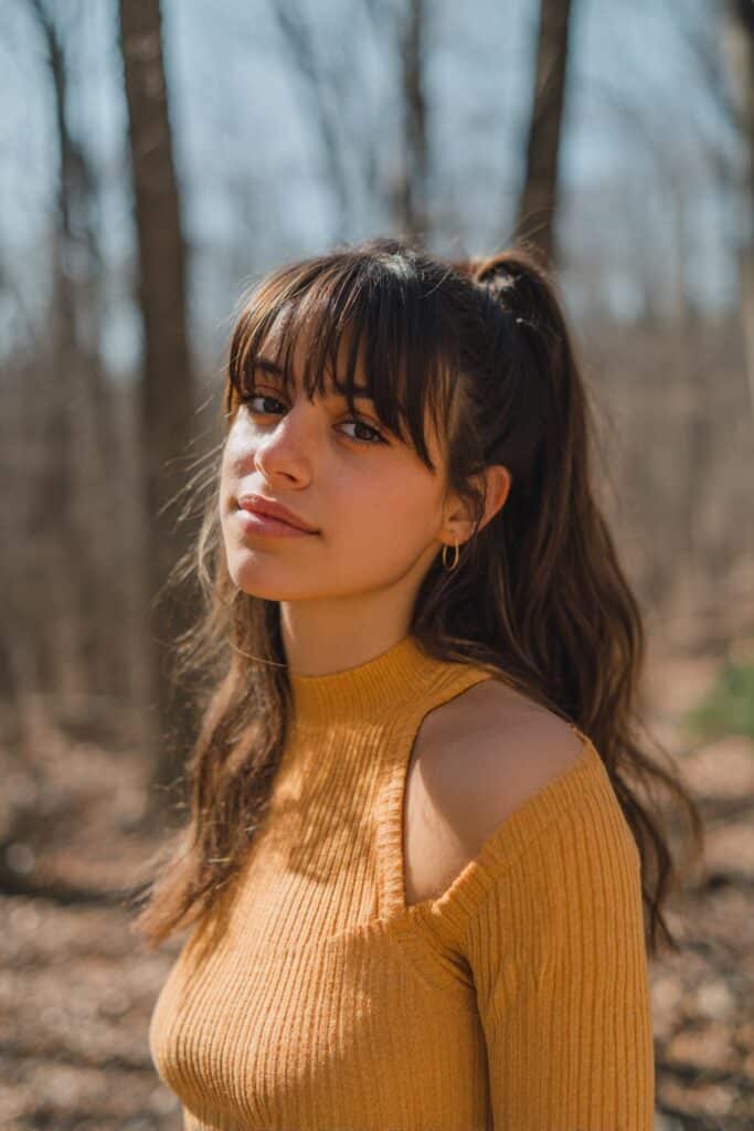 Playful, voluminous ponytail with bangs styled for a fun, celebratory look.