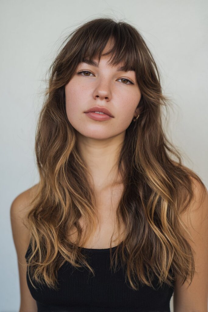 Medium butterfly layers seamlessly blended with soft curtain bangs that frame the face.