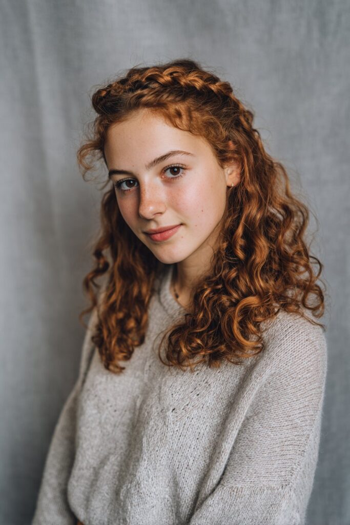 A braid wrapped around the head like a crown, paired with loose curls for a soft, romantic look.