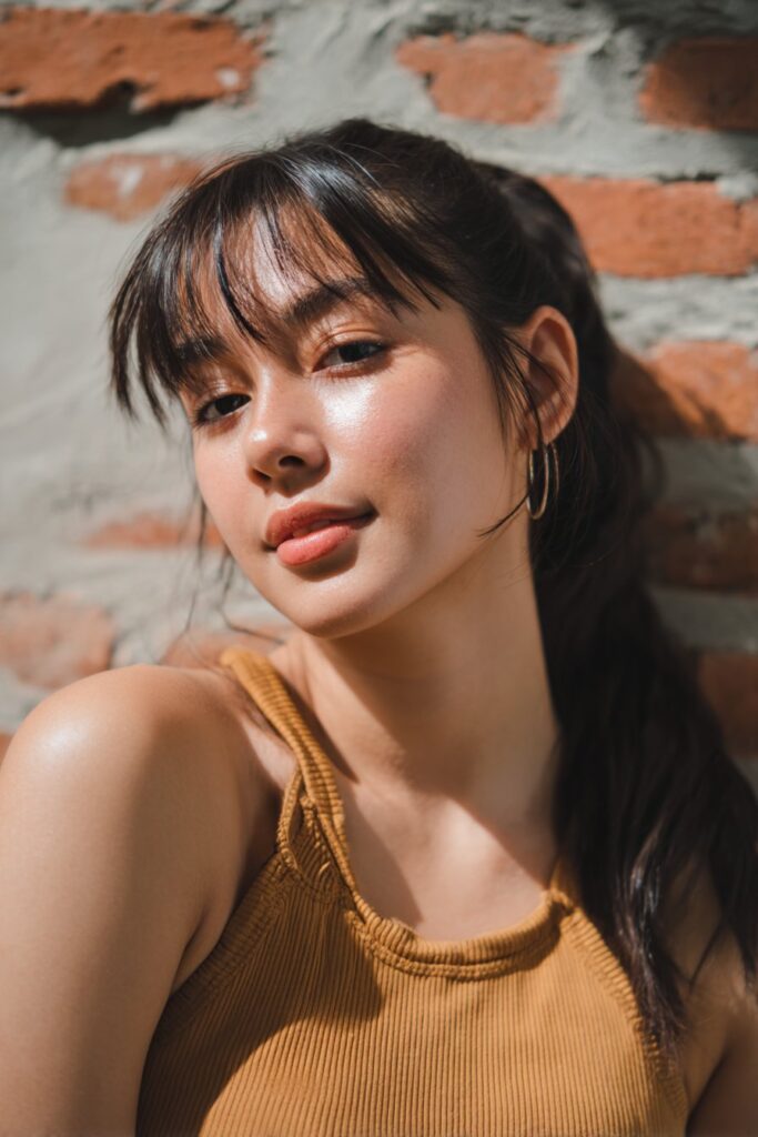 Elegant, tousled ponytail with soft bangs, perfect for weddings or formal events.