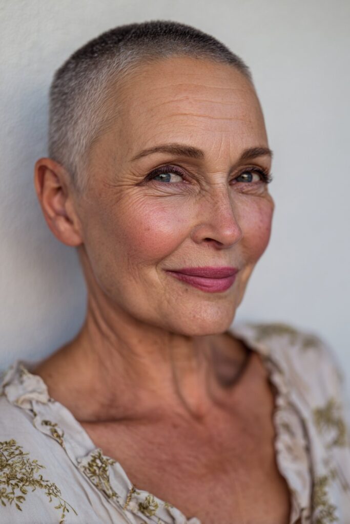 Very short, evenly buzzed hair all over the head for a minimalist, edgy look.