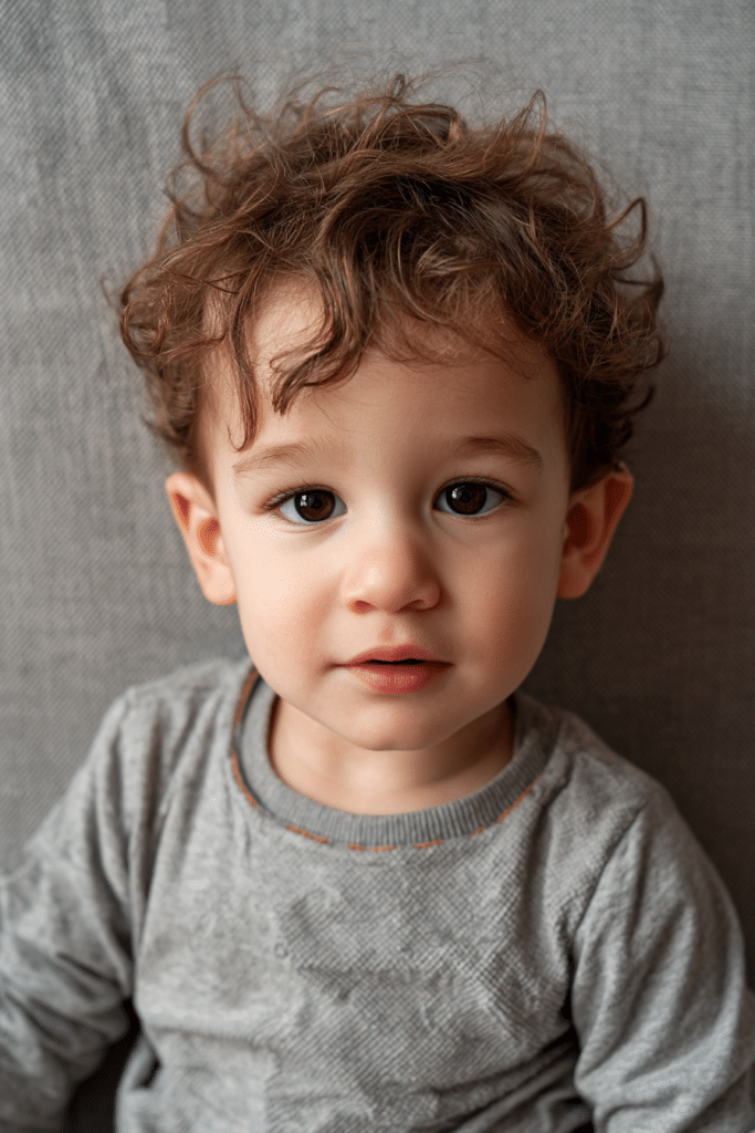 Curly hair styled into a baby mullet