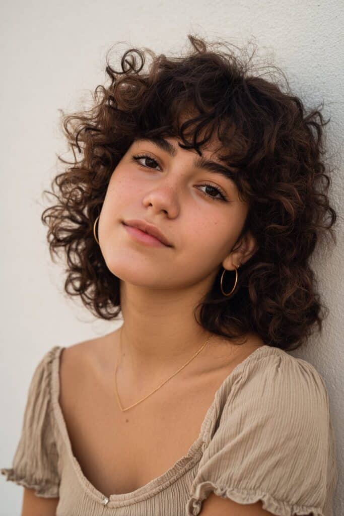 Air-dried curls with soft, natural bangs blending seamlessly into the rest of the hair.
