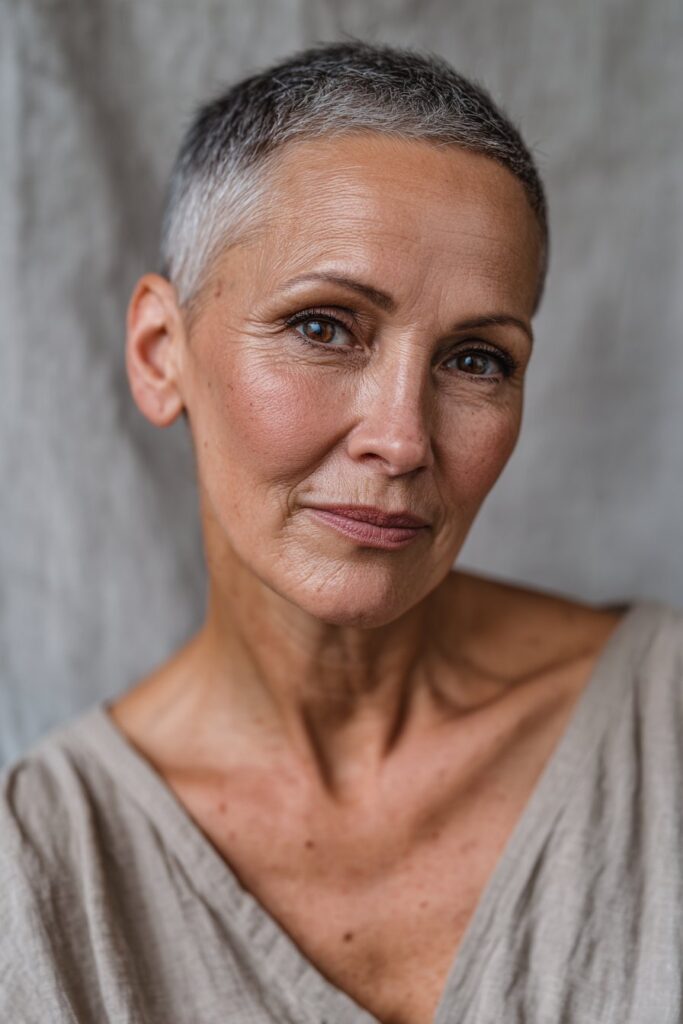 Pixie cut with a sharp contrast between short sides/back and longer top layers.