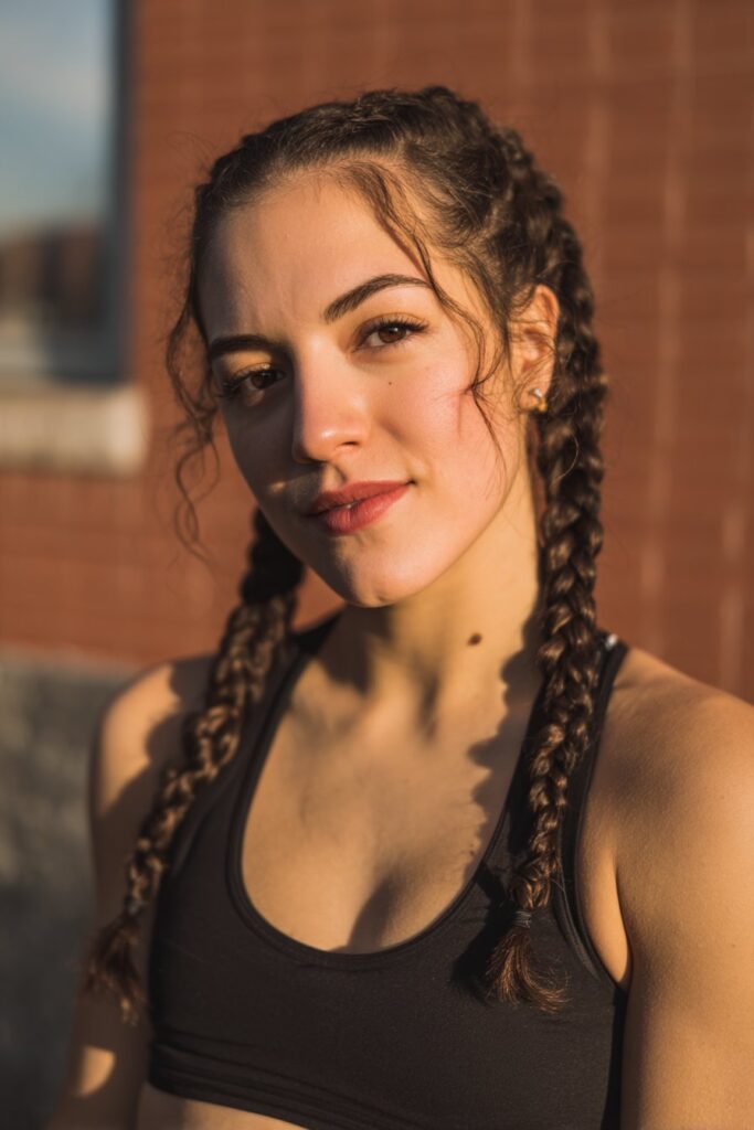 Two braids styled with sections tied off along their length to create a “bubble” effect.