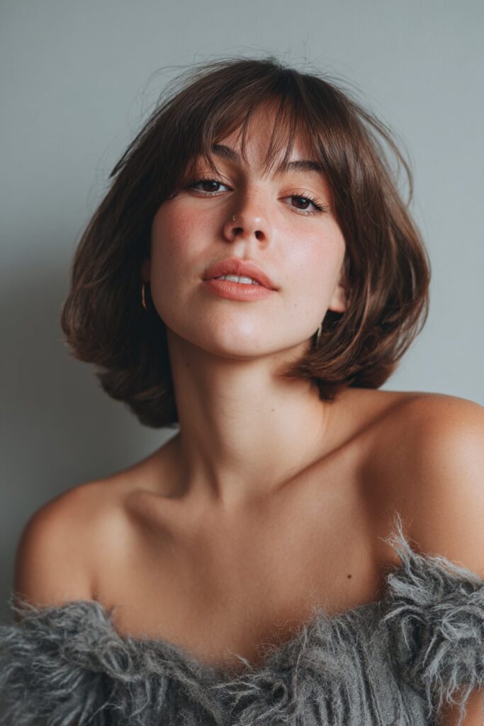 Feathered butterfly layers paired with light, wispy bangs for an airy, delicate look.