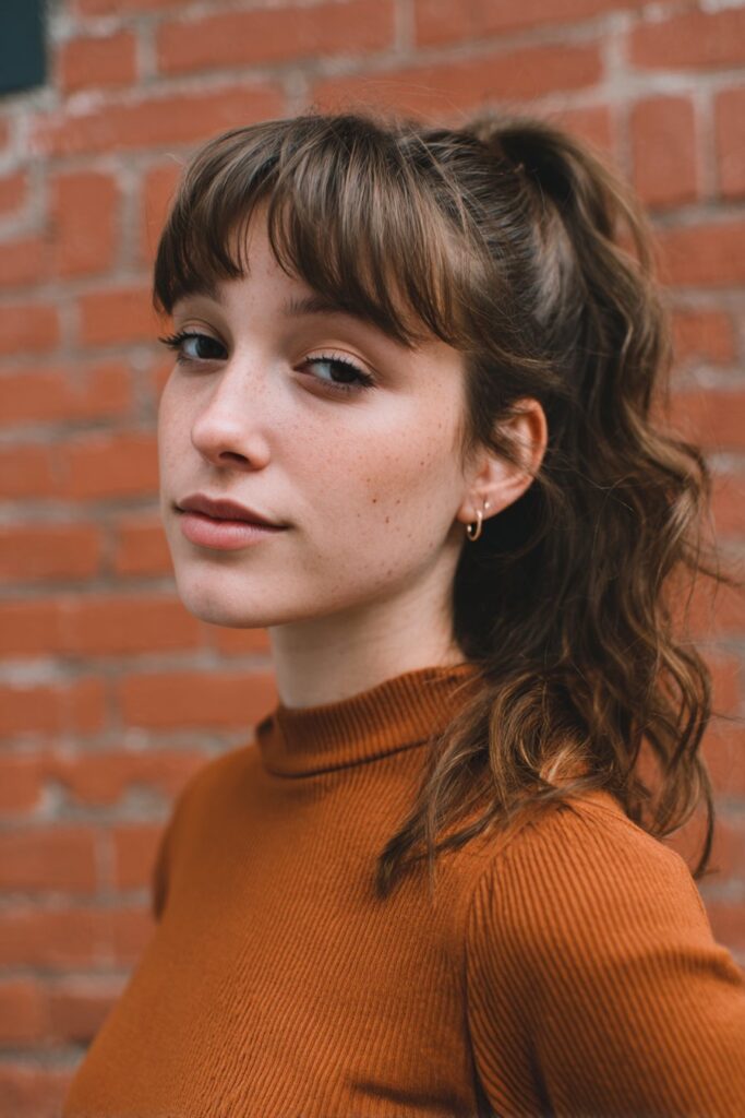 Ponytail gathered near the forehead with loose, face-framing bangs creating a casual front focus.