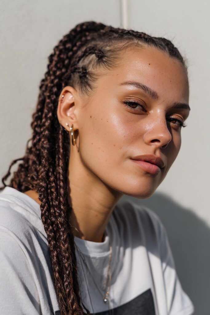 Front cornrows gathered into a braided ponytail at the back for a sleek, elevated look.