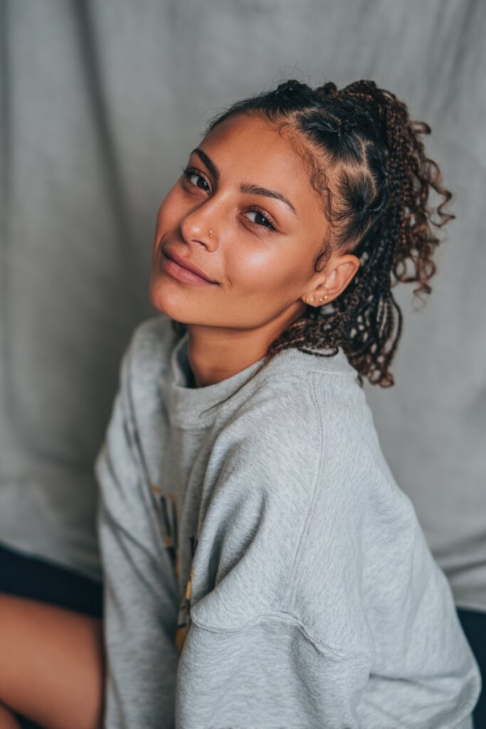 Cornrows in the front transitioning into braids with loose, curly ends for soft texture.
