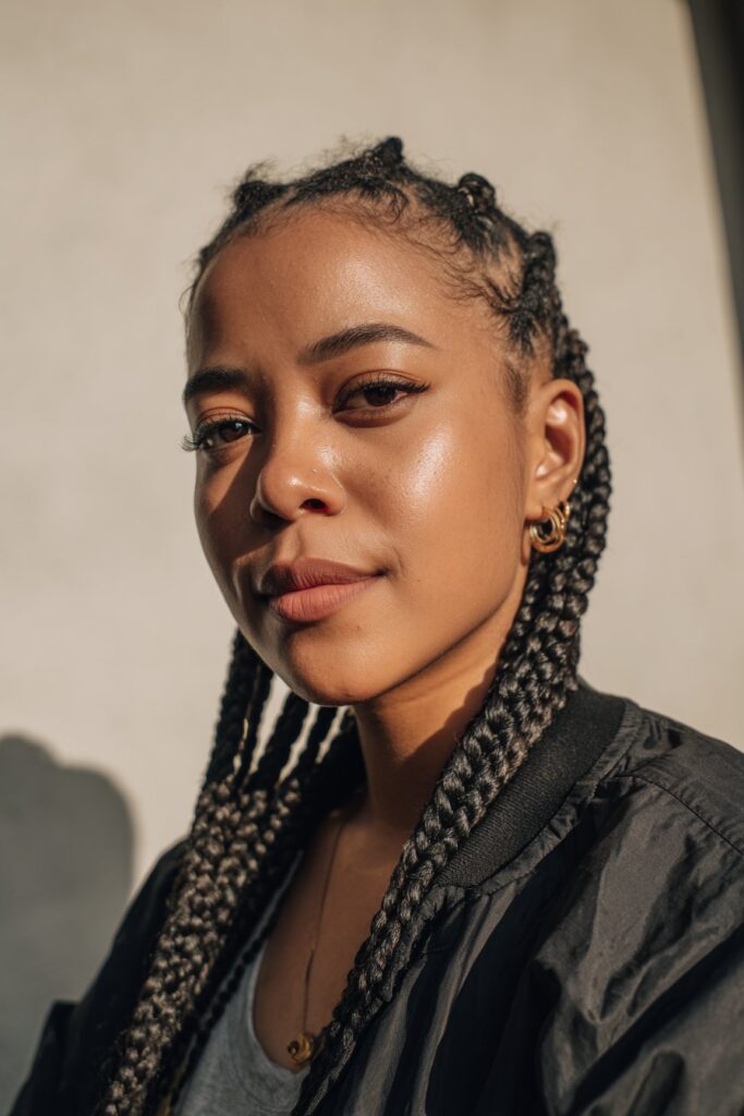 The front styled in neat cornrows that transition into knotless box braids at the back for a smooth, natural finish.