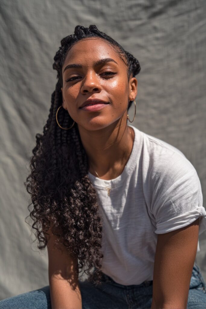 Cornrows in the front paired with natural, unbraided textured hair left free in the back.