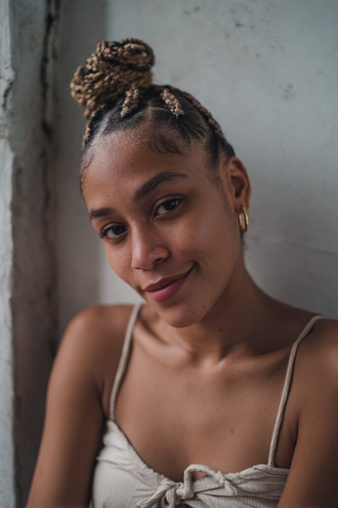 The front styled in cornrows with the back finished in rope-like twists instead of braids.