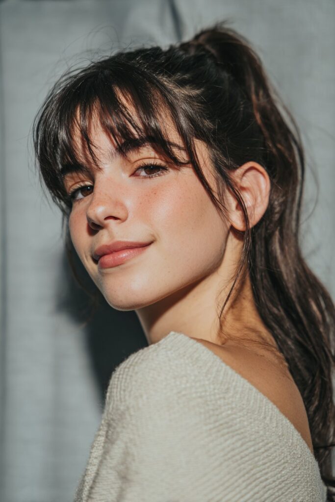 Top half of the hair pulled into a messy ponytail, leaving bangs and lower layers loose.