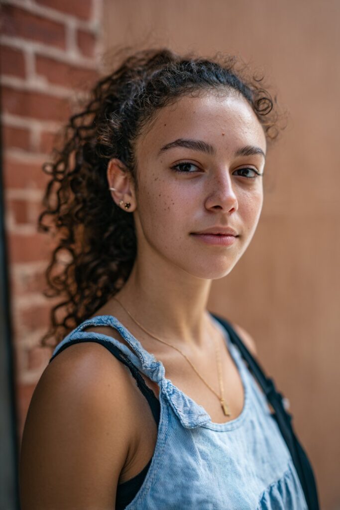 Curly hair half pulled back with twisted sections and soft layers framing the face.