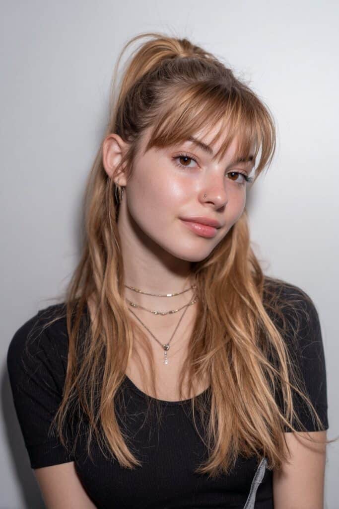 Hair gathered high on the crown into a loose, tousled ponytail paired with soft bangs.