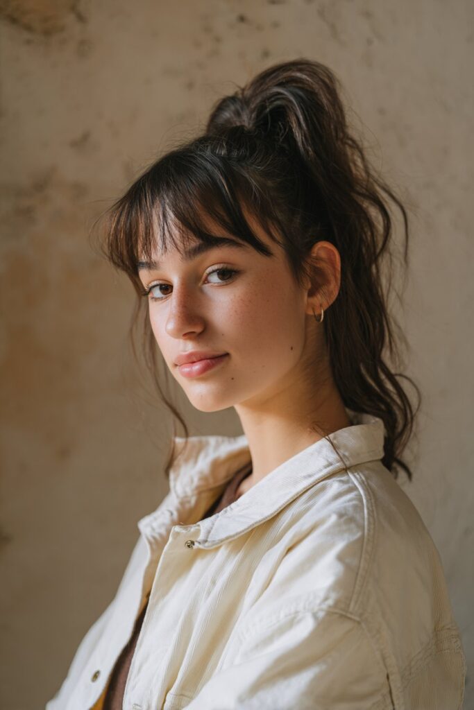High ponytail with teased volume at the crown, combined with soft, face-framing bangs.