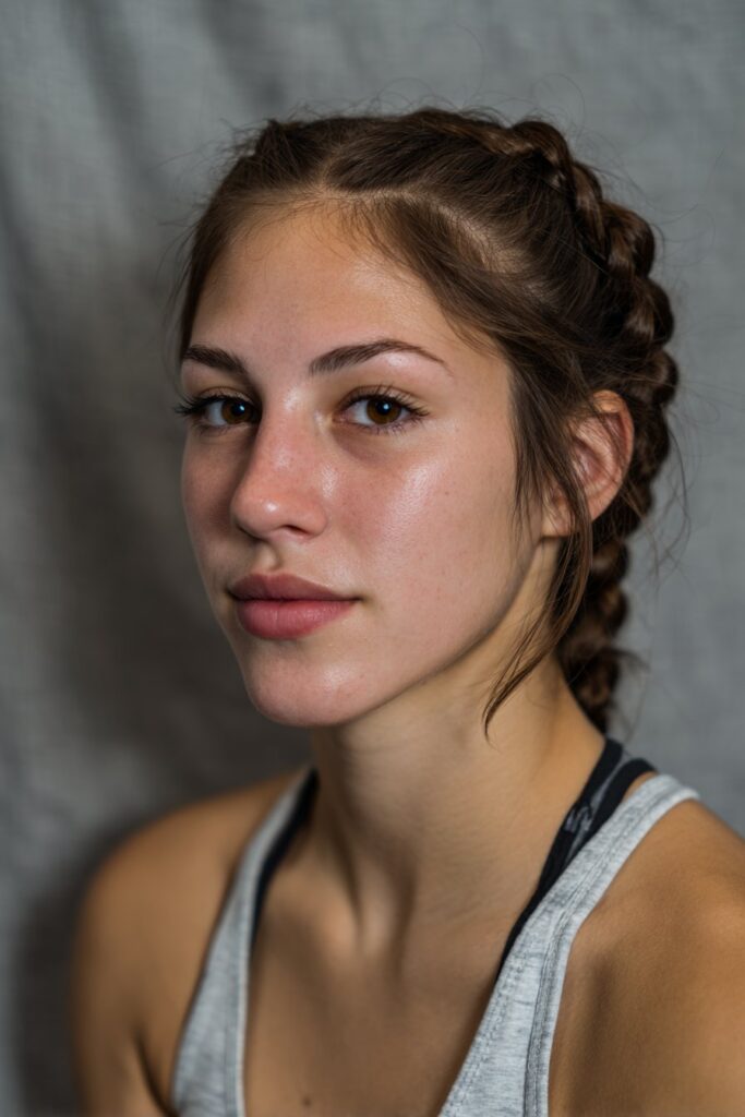 Hair braided and then twisted or wrapped into a low bun at the nape of the neck.