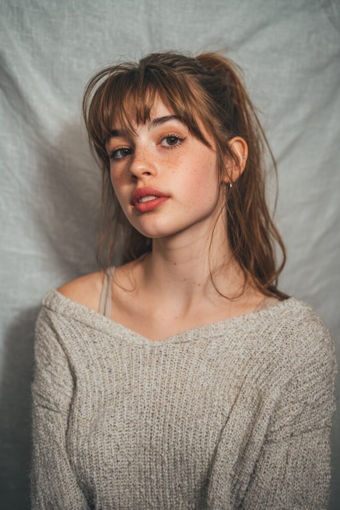 Hair secured at the nape in a relaxed, messy ponytail with framing bangs.