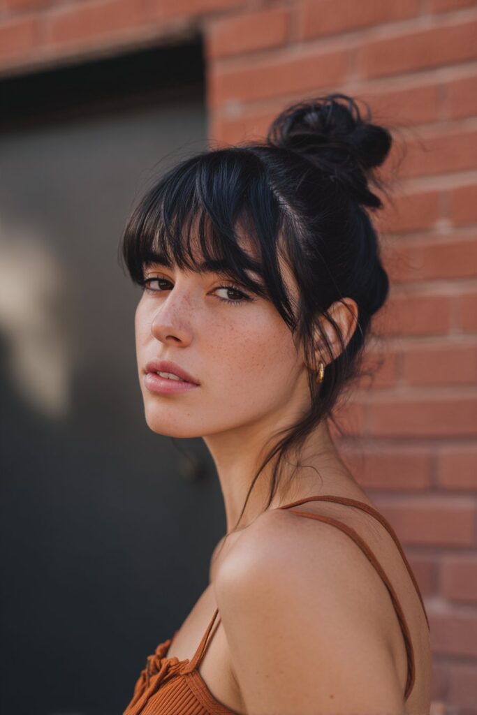 A low, smooth bun paired with light, wispy bangs for a soft finish.