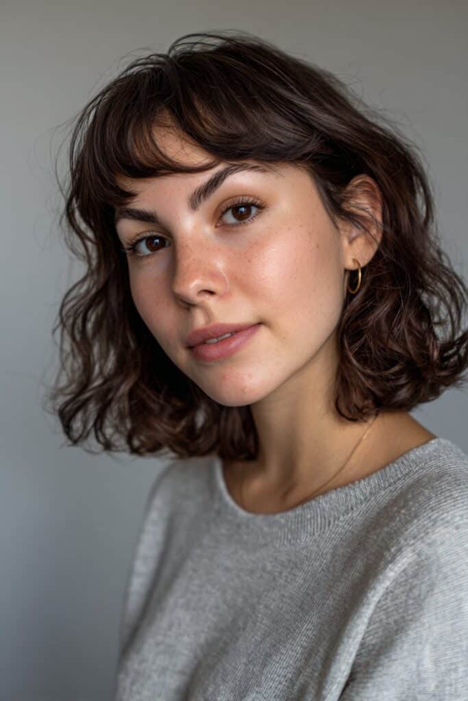 Medium-length butterfly layers styled with soft waves and lightly textured bangs.