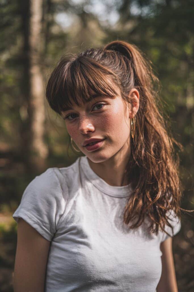 A loose, textured ponytail paired with side-swept bangs for asymmetrical framing.
