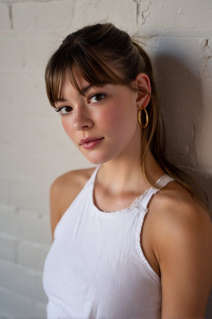 Hair slicked back with a defined middle part and straight bangs in front.