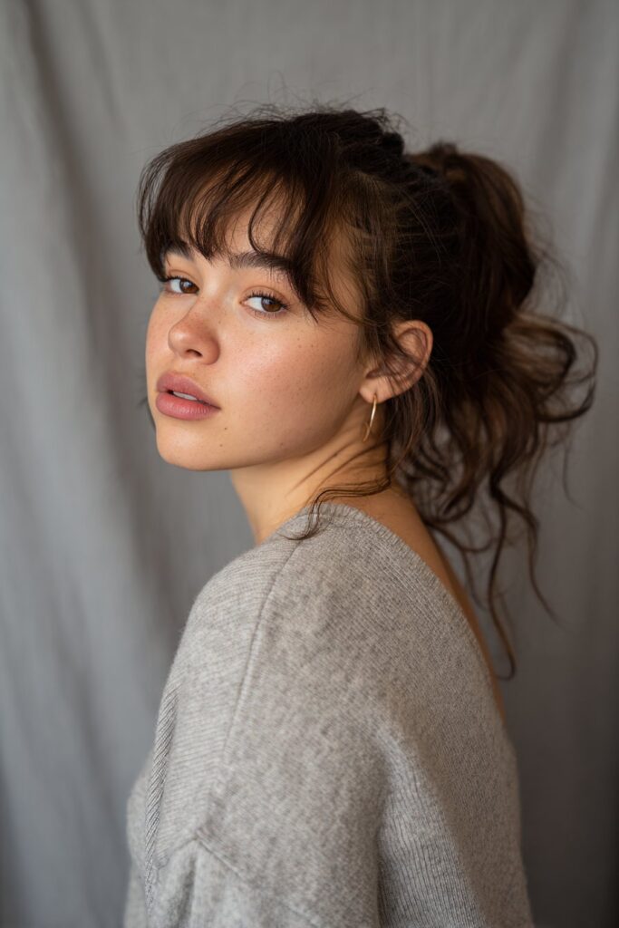 Easy-to-style ponytail using extensions, paired with bangs for added volume and texture.