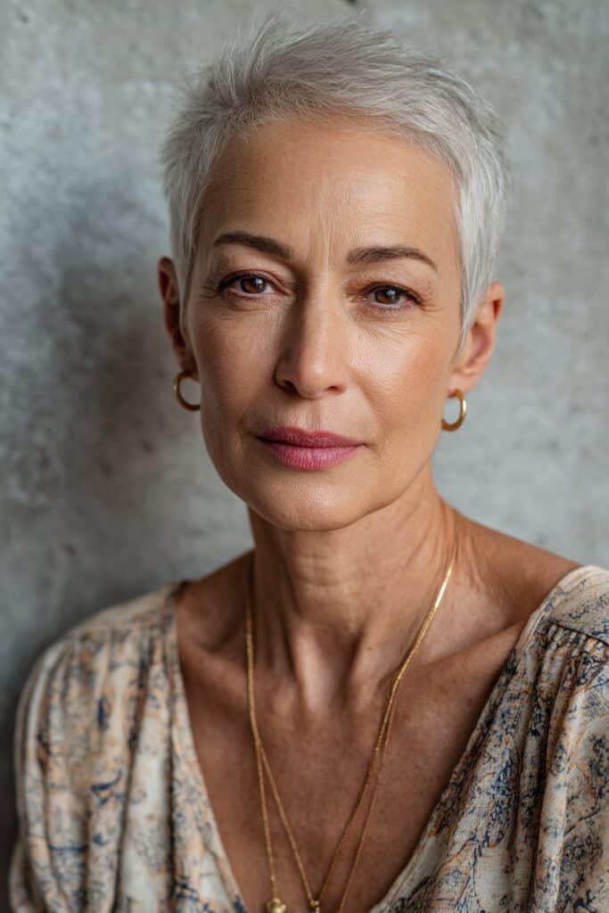 Hair shaved at the back while top layers are feathered for softness and movement.