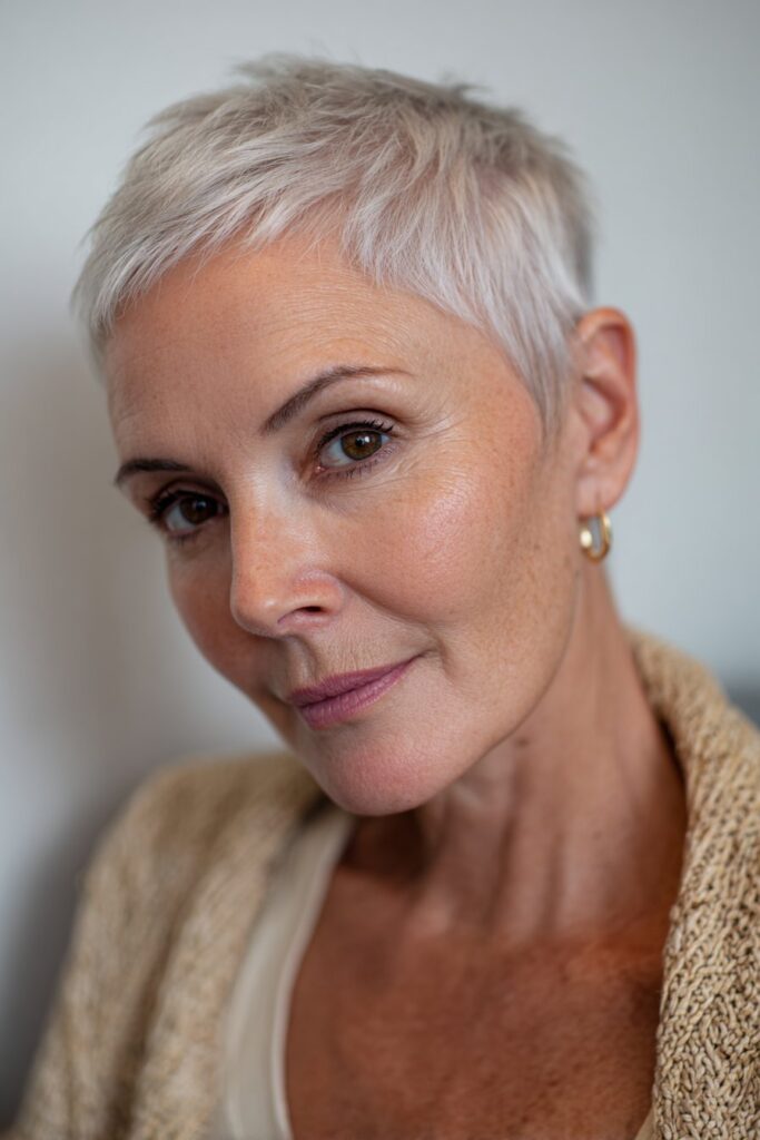 Short pixie with shaved or tapered sides and very short bangs across the forehead.