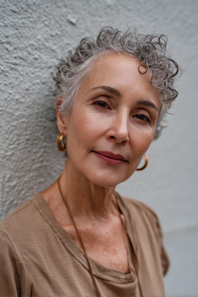 Undercut with shaved sides and natural curls left on top for texture and volume.